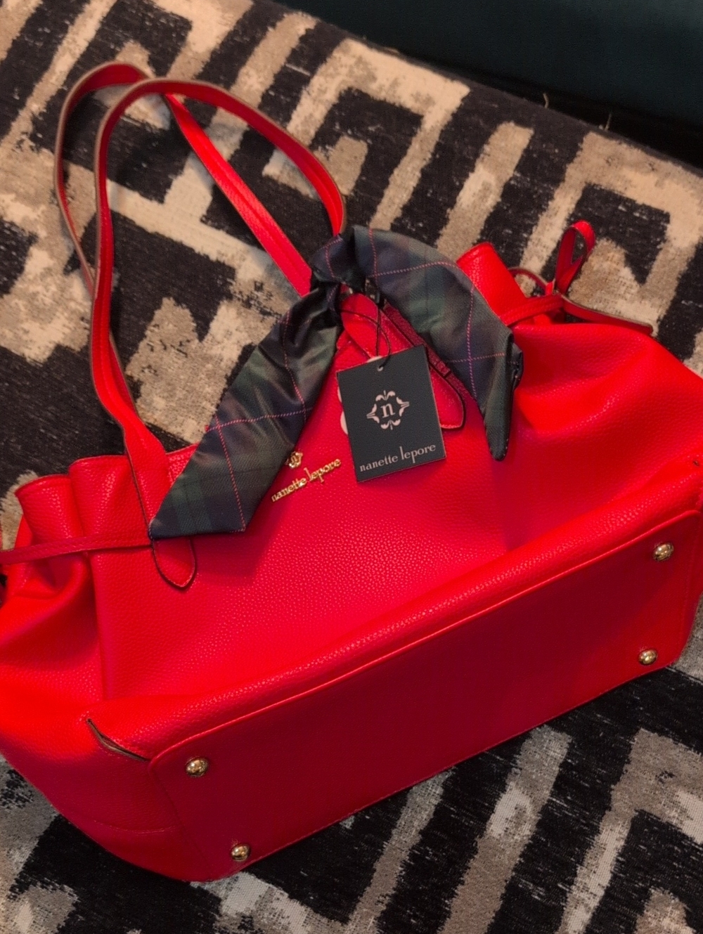 Nanette Lepore Bright Red Tote with Scarf Accent